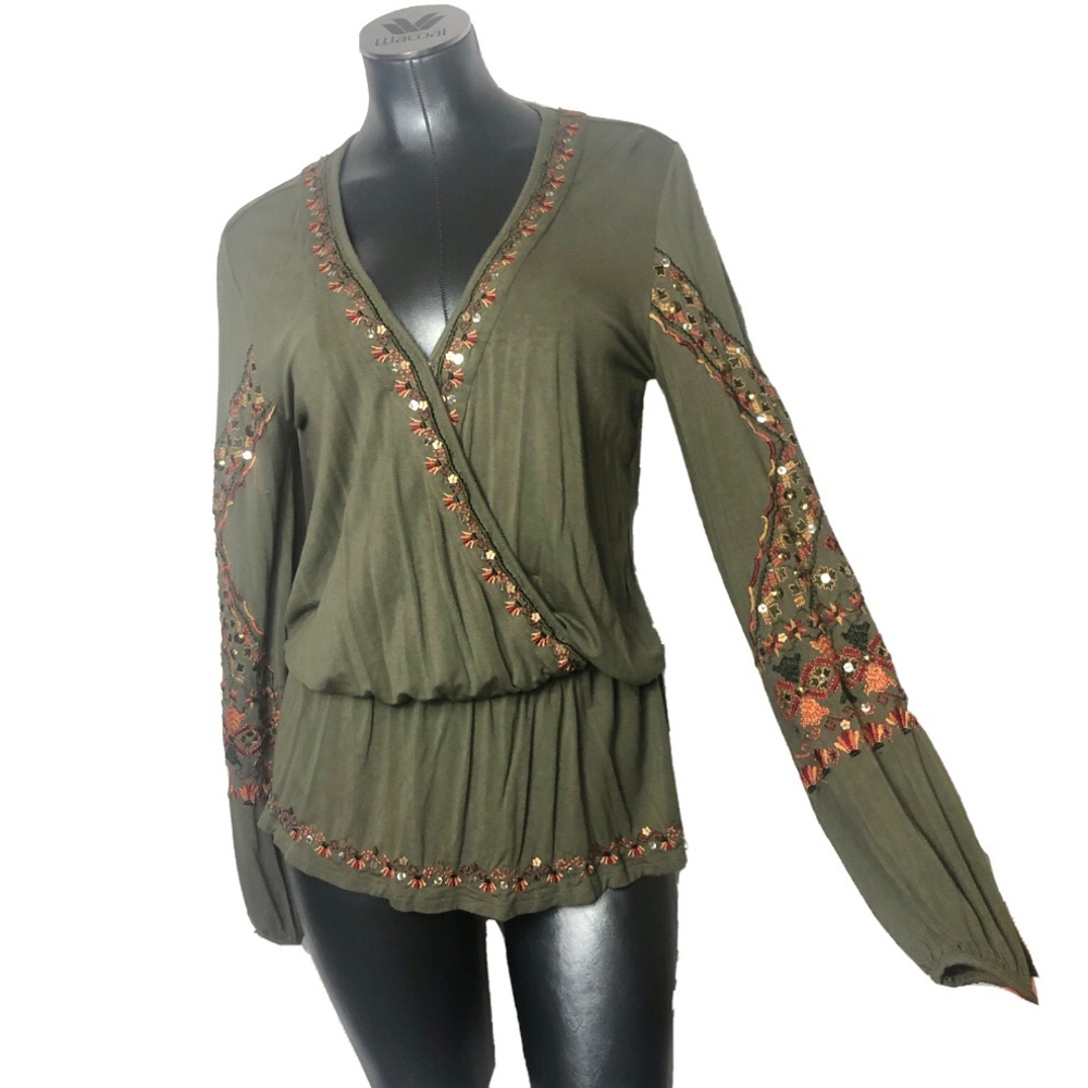Boston Proper Olive Green Embroidered Long Sleeve